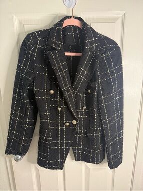 Black and Gold Double-Breasted Tweed Blazer